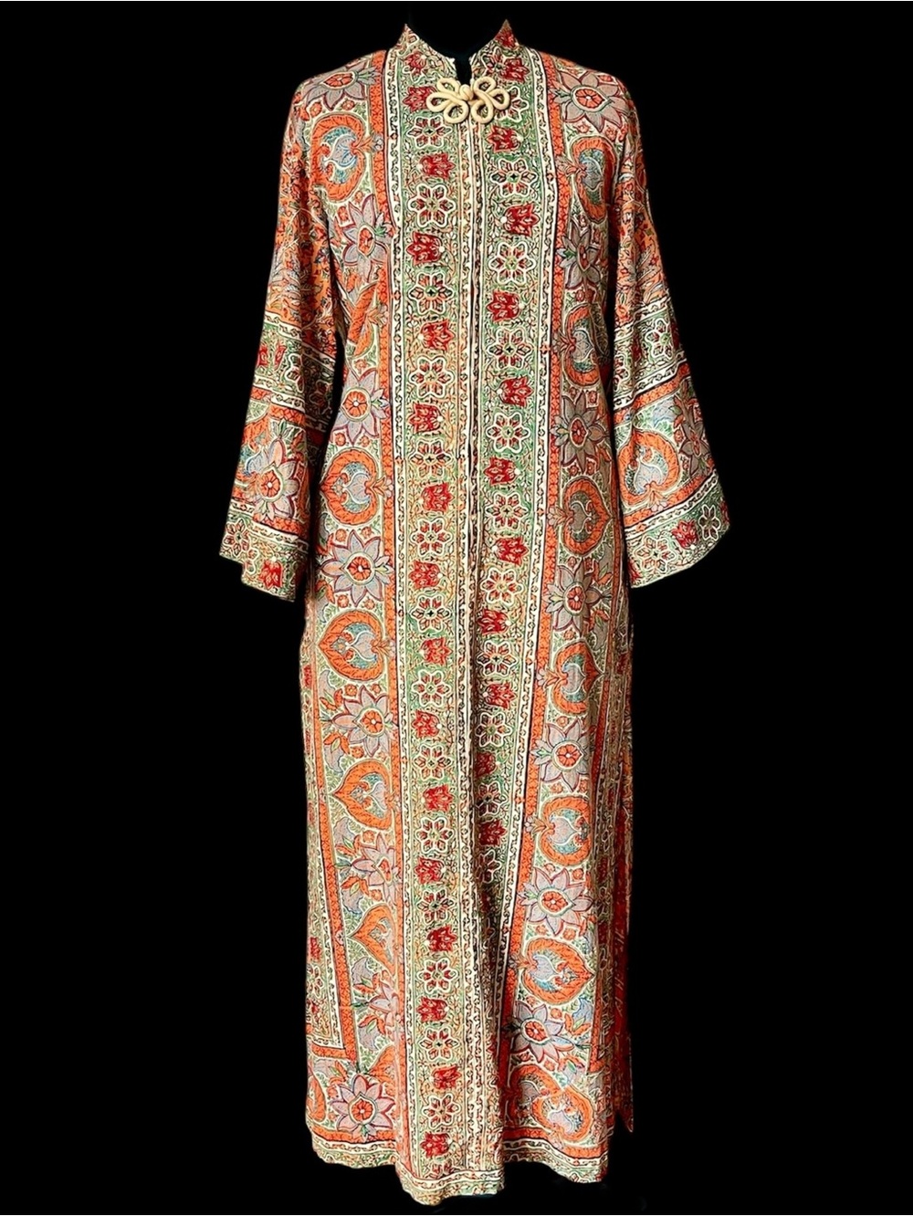 Vintage Maxi Caftan Robe Cotton Paisley Block Print 1970s Boho Hippie Kaftan - Picture 2 of 12